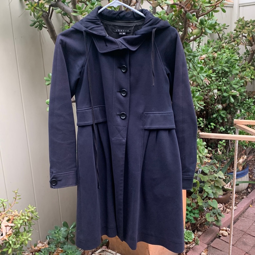 Theory Coat with Removable Hood Dark Navy Small Petite
